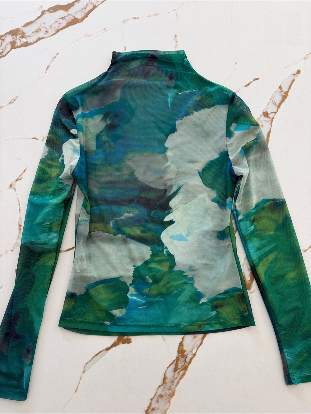 Green Abstract Print Long Sleeve Mesh Top Size Small